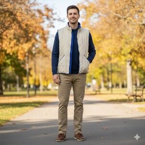 Crown & Ivy Quilted Vest Mens Large Tan Blue Trim Full Zip Pockets Layering